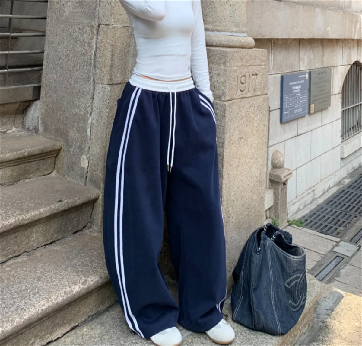 Women Fashion Stripe Drawstring Pants High Waist Color Blocking Wide Leg Trouser Female Baggy Joggers Street Pant Casual Hip Hop