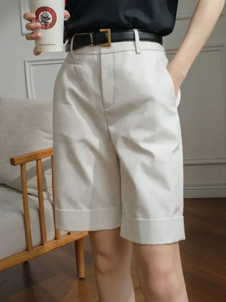 Women's High Waist Knee Length Straight Pants Korean Summer Shorts for Women Fashion White Office Shorts for Women