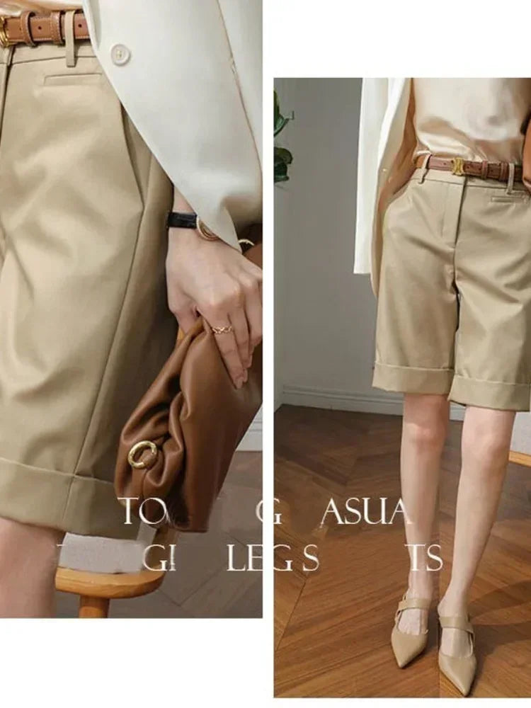 Women's High Waist Knee Length Straight Pants Korean Summer Shorts for Women Fashion White Office Shorts for Women