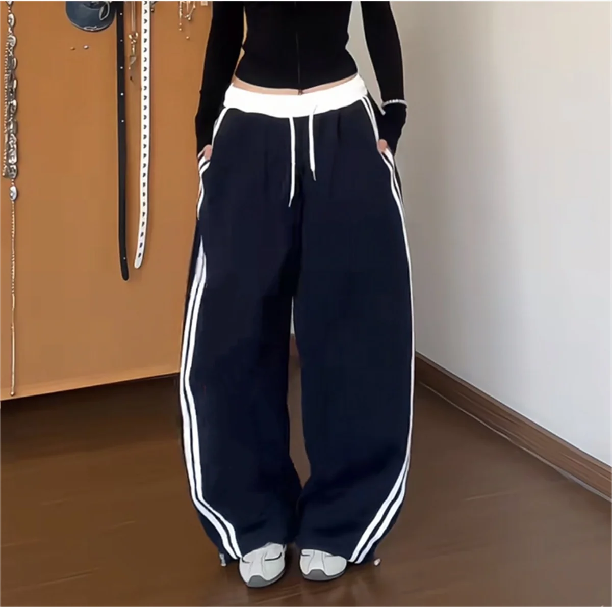 Women Fashion Stripe Drawstring Pants High Waist Color Blocking Wide Leg Trouser Female Baggy Joggers Street Pant Casual Hip Hop