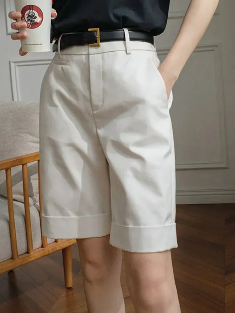 Women's High Waist Knee Length Straight Pants Korean Summer Shorts for Women Fashion White Office Shorts for Women