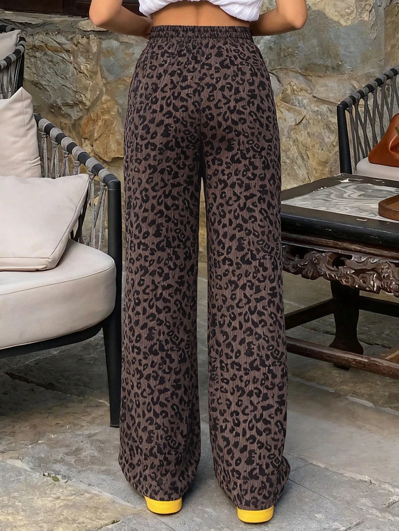 Women's Ribbed Leopard Print Wide Leg Pants, Elastic High Waist Drawstring Palazzo Trousers with Pockets, Casual Street Loose Bo
